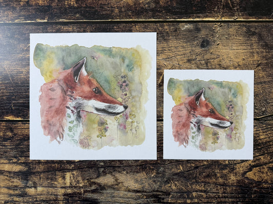 A photograph of two watercolour fox prints in different sizes