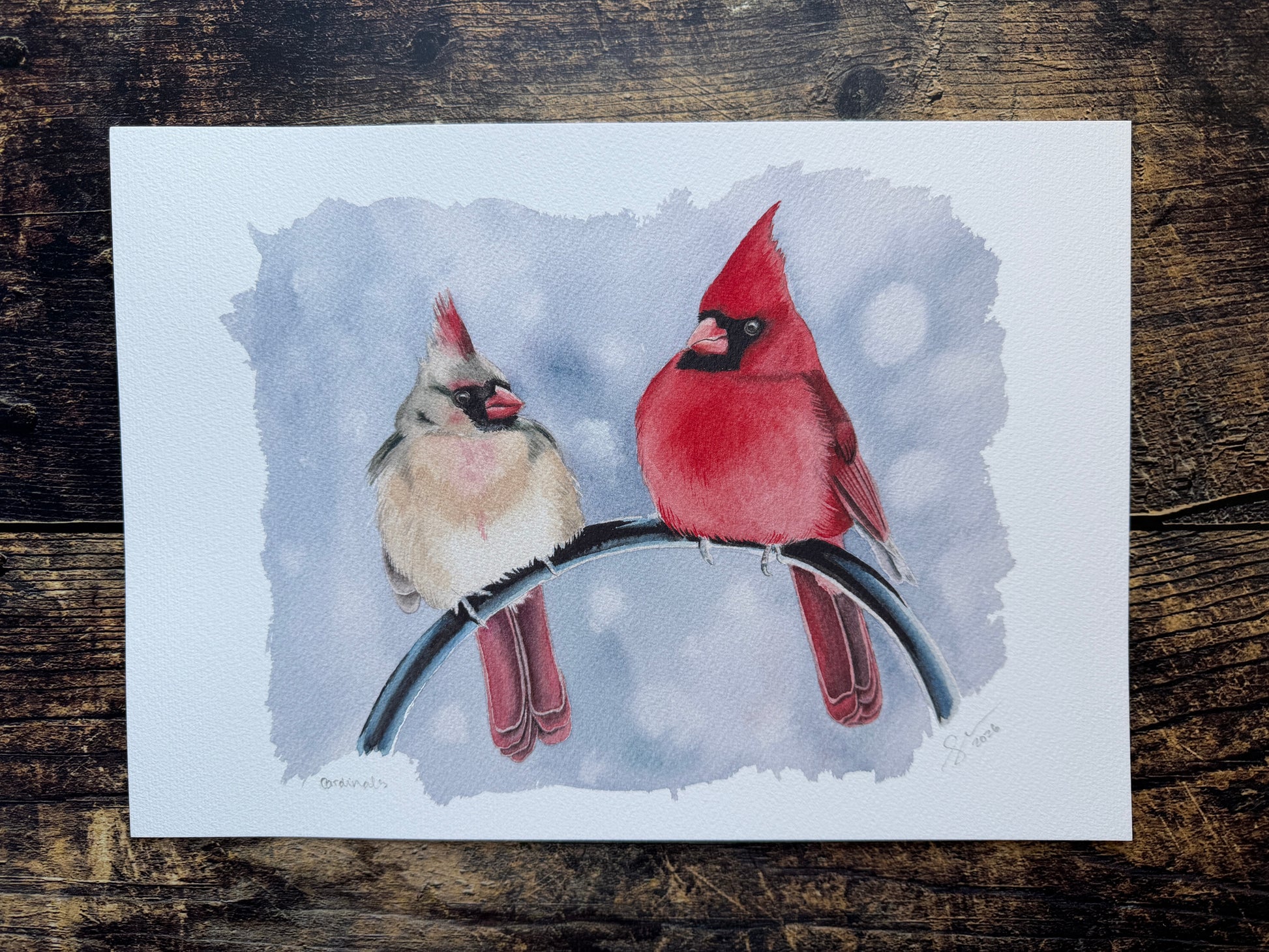 An art print of a male & female cardinal