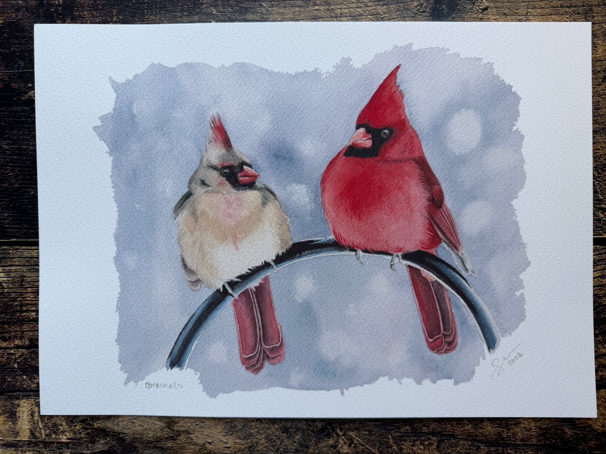 An art print of a male & female cardinal