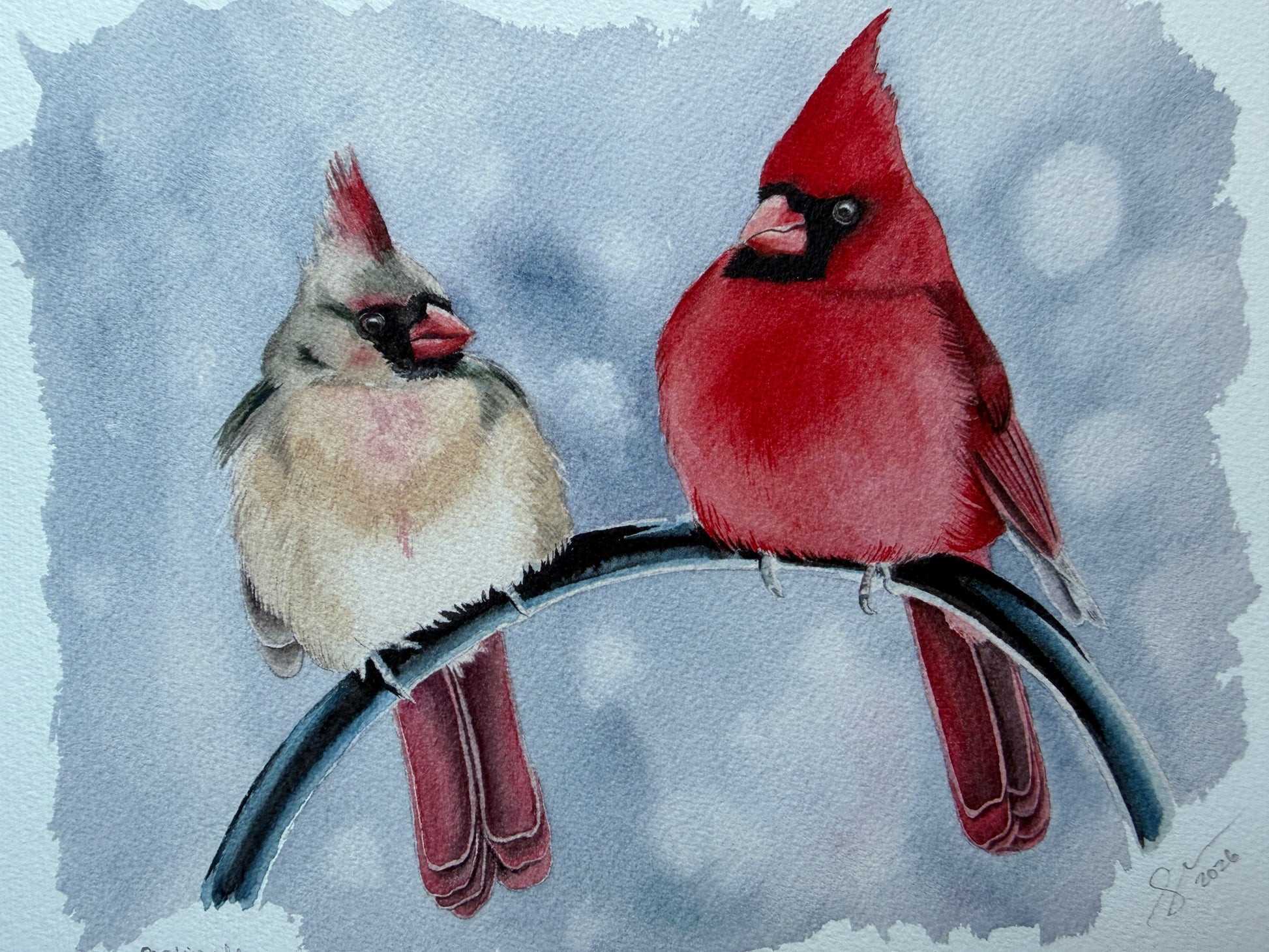 An art print of a male & female cardinal