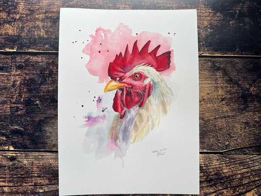 Watercolor painting of a rooster on a wooden surface