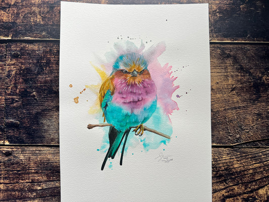 An expressive watercolour painting of a lilac breasted roller on a branch