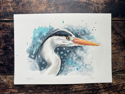 An expressive watercolour portrait of a grey heron