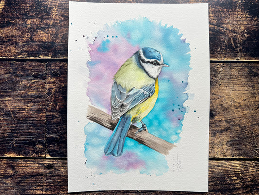 A watercolour painting of a blue tit, surrounded by an explosion of spring colours