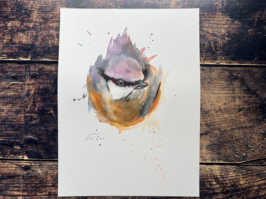 An expressive watercolour portrait painting of a nuthatch, emerging from the background.