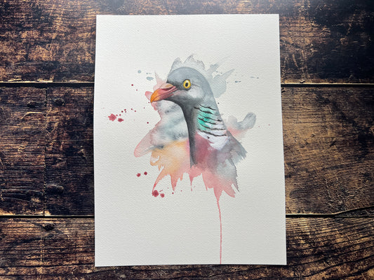 A watercolour portrait of a wood pigeon, painted in an expressive style