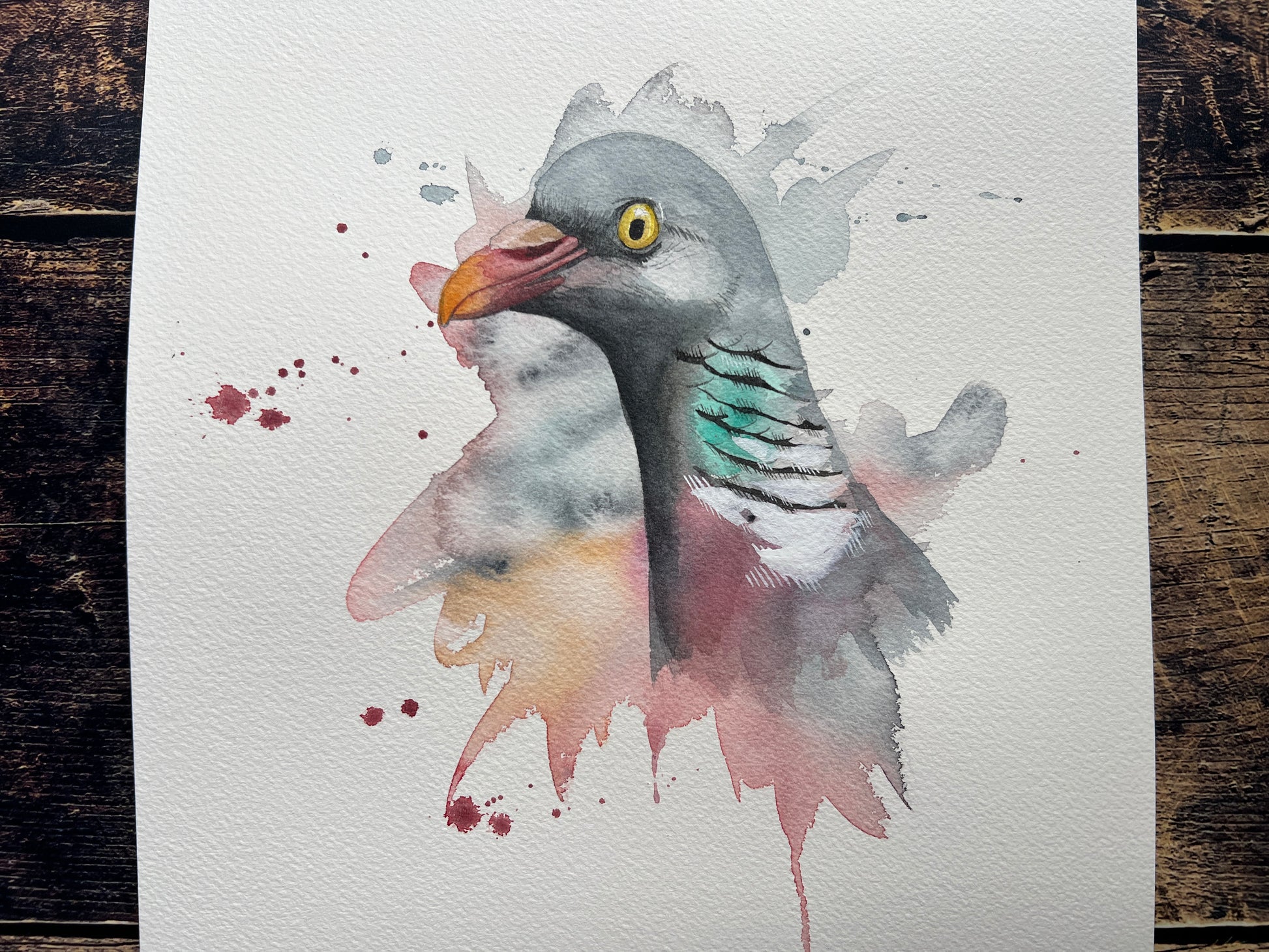 A watercolour portrait of a wood pigeon, painted in an expressive style