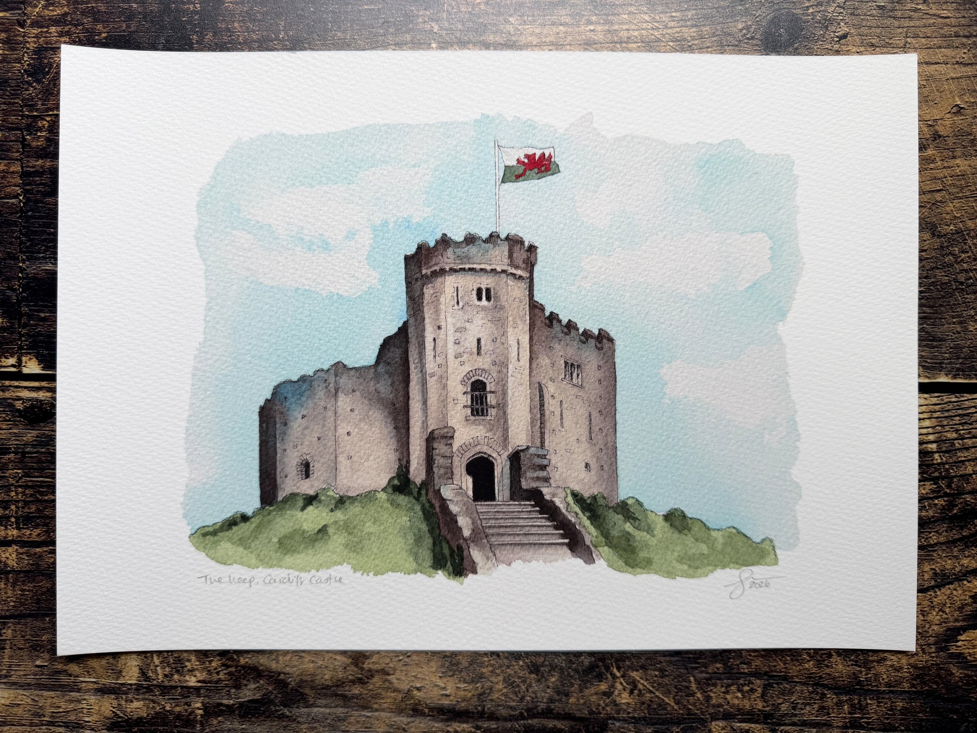 A watercolour print of Cardiff Castle