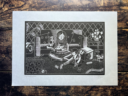A lino print depicting a mum of two young children, and the chaos that surrounds her.