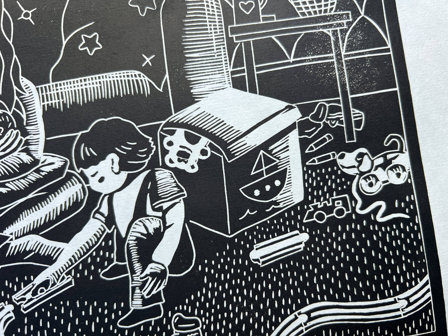 A close up of the scattered toys
