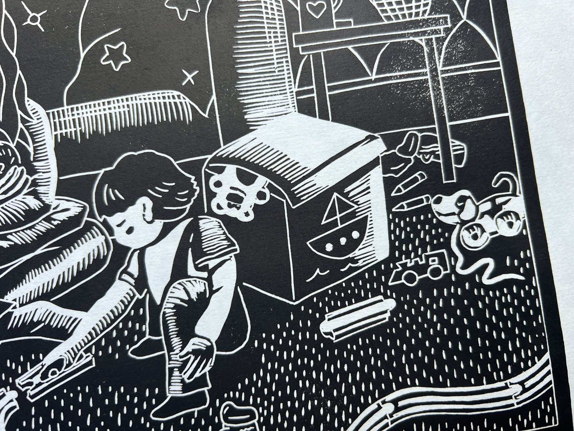 A close up of the scattered toys
