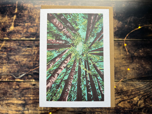 A card featuring a gouache print of california redwood trees