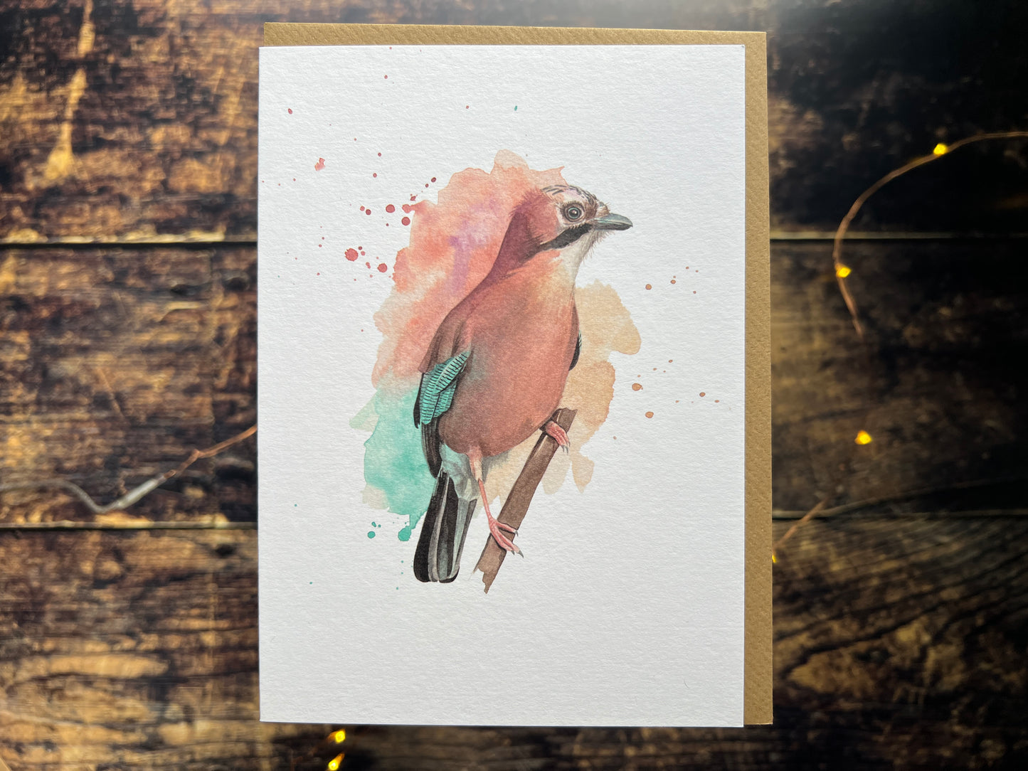 A lightly textured greetings card with an expressively painted watercolour Jay.