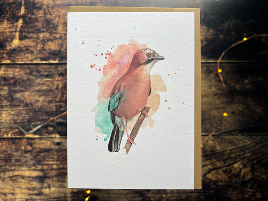 A lightly textured greetings card with an expressively painted watercolour Jay.