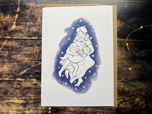 Greetings card featuring an illustration of a mother tandem feeding her twin babies