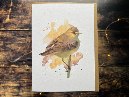A greetings card with a watercolour print of a chiffchaff