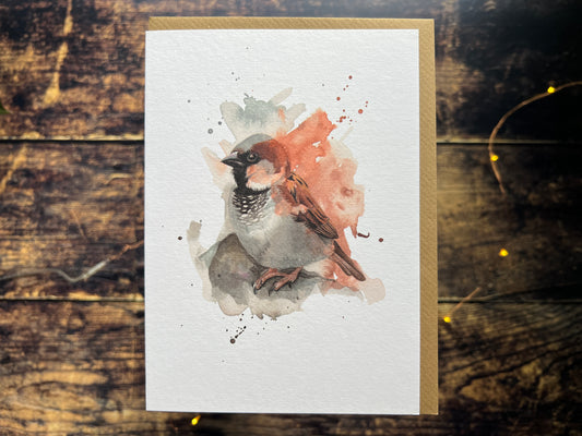 Greetings card featuring a watercolour house sparrow