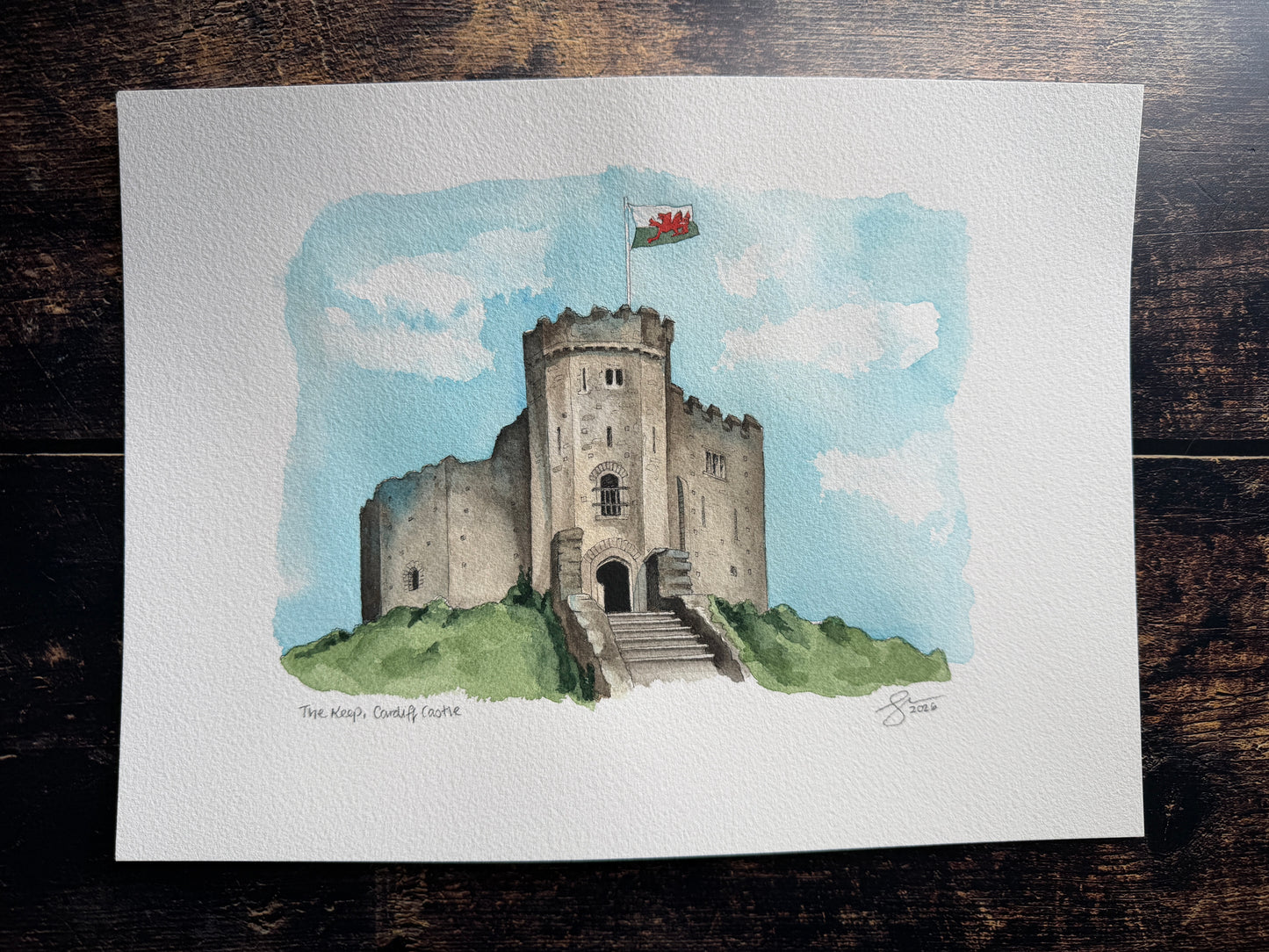 A watercolour painting of Cardiff Castle