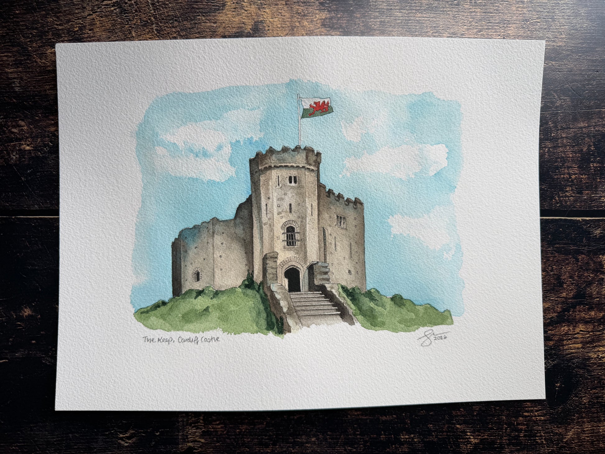 A watercolour painting of Cardiff Castle