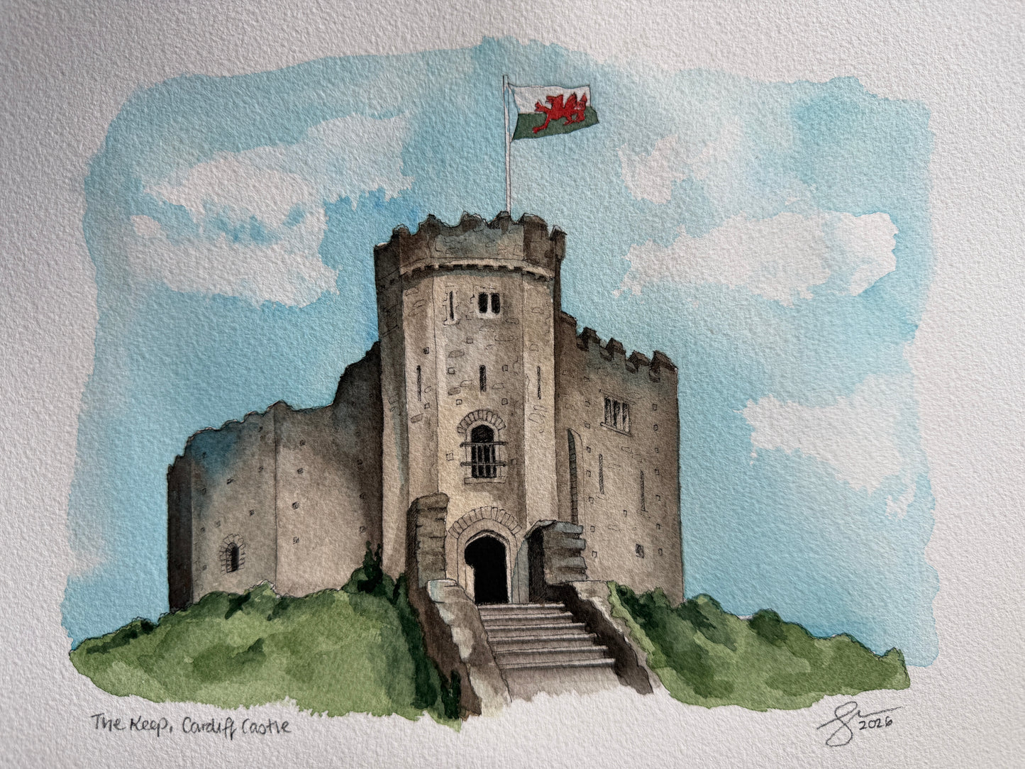 A watercolour painting of Cardiff Castle