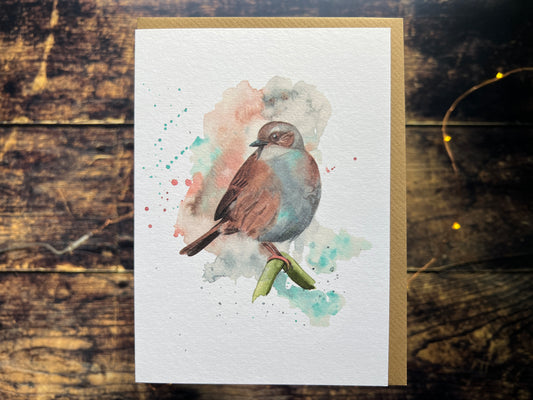 A greetings card featuring a watercolour dunnock