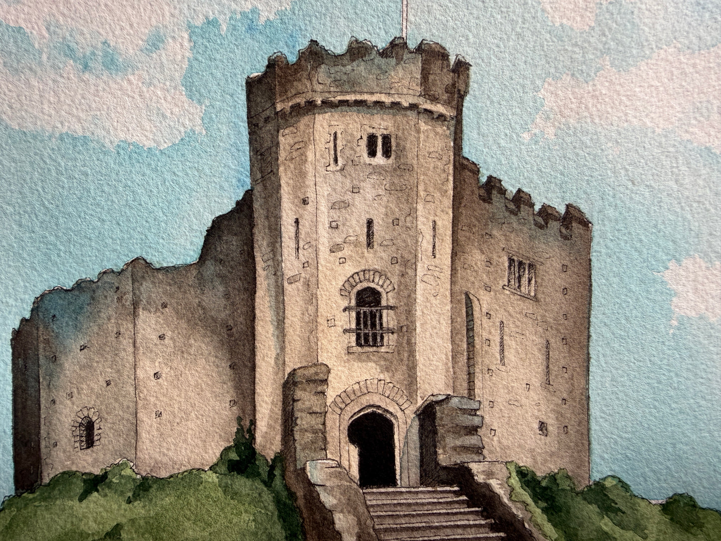 A watercolour painting of Cardiff Castle