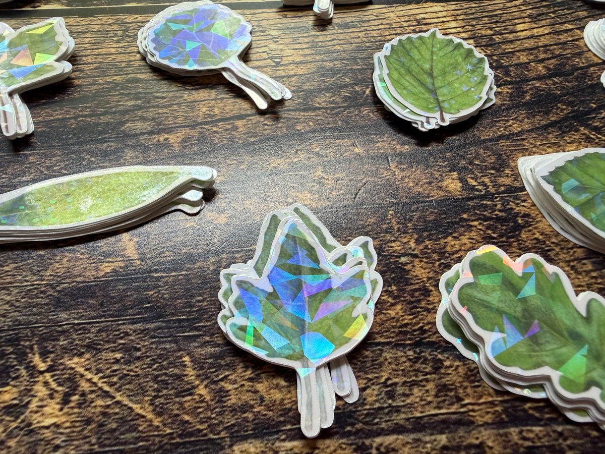 A close up of the holographic stickers