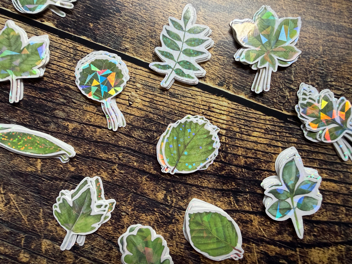 A collection of die-cut stickers shaped like green leaves, arranged on a dark brown wooden surface. The stickers feature a realistic green leaf print with a shimmering, holographic iridescent border.