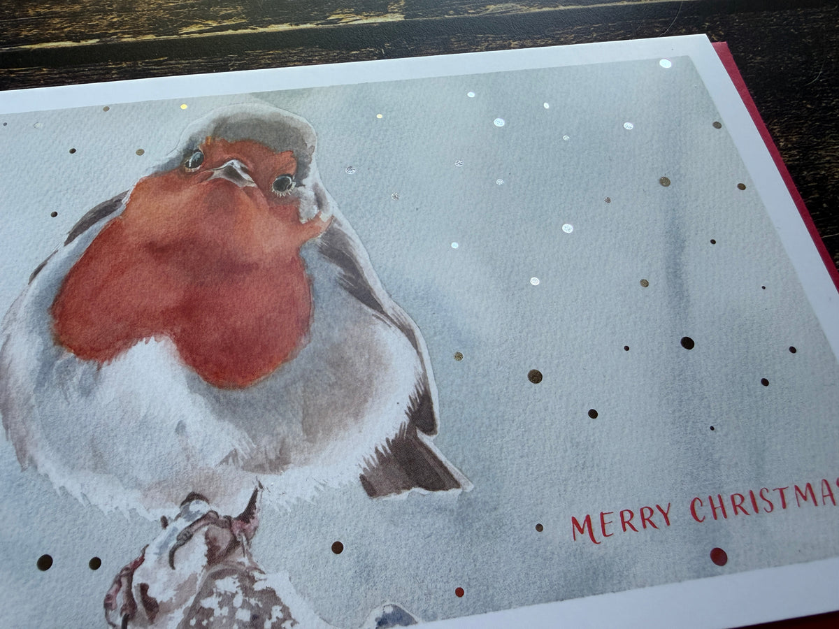 A Christmas card featuring a watercolour painting of a robin, surrounded by silver foil snow.