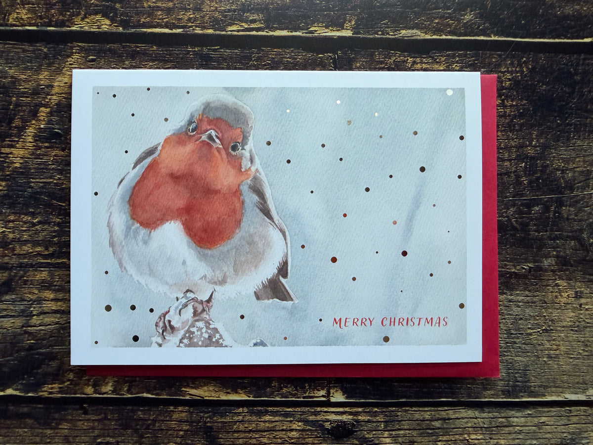 A Christmas card featuring a watercolour painting of a robin, surrounded by silver foil snow.