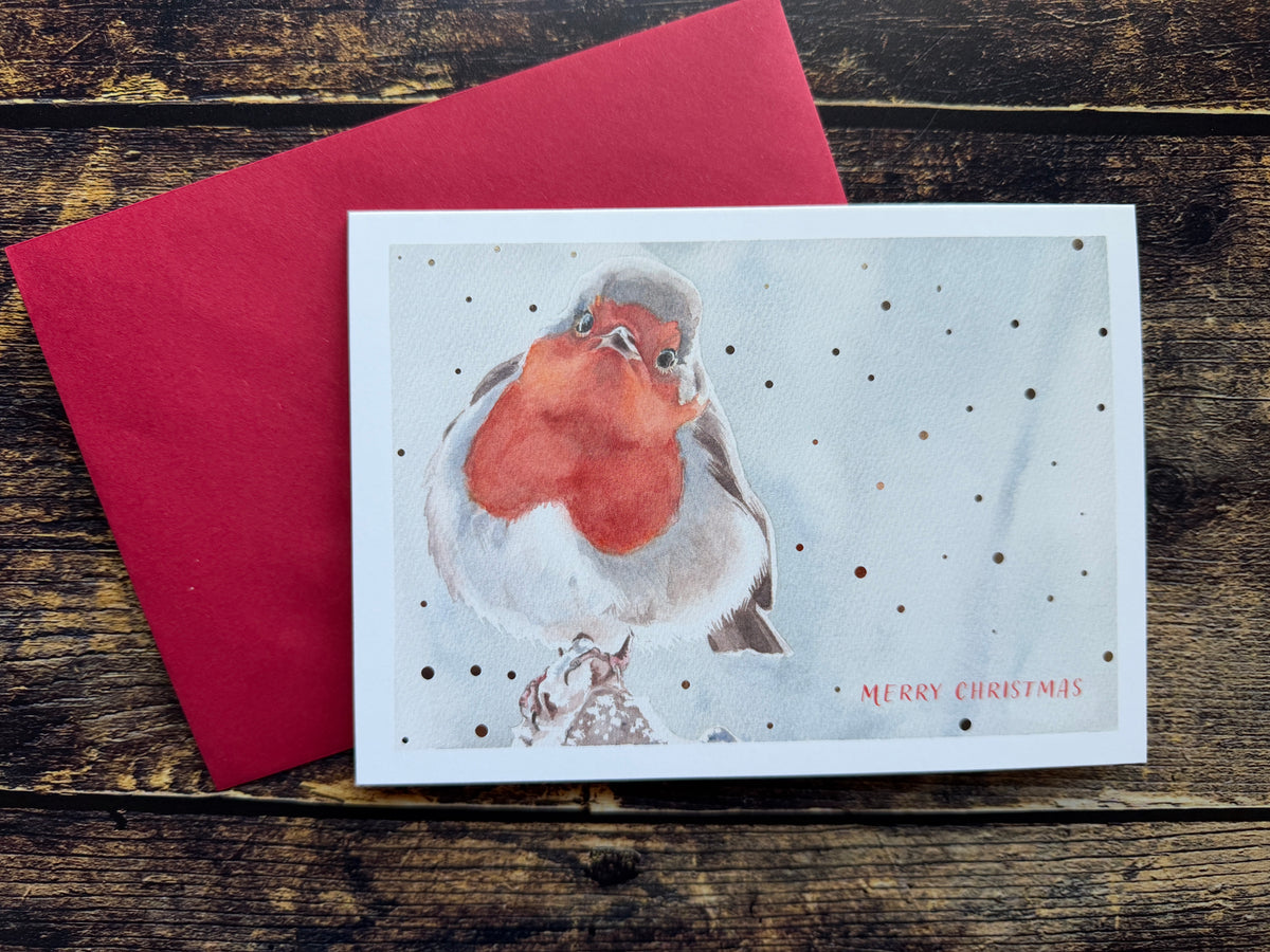 A Christmas card featuring a watercolour painting of a robin, surrounded by silver foil snow.
