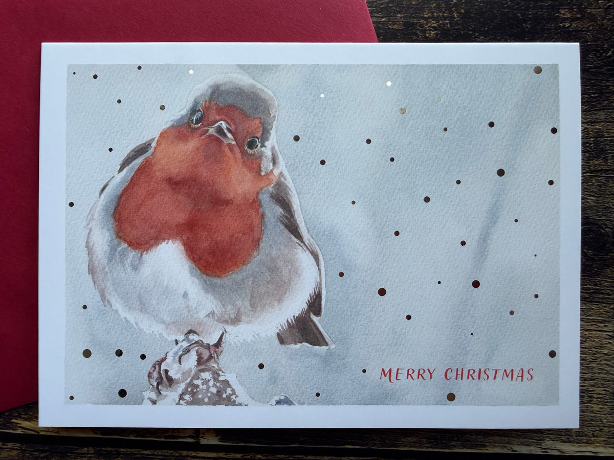 A Christmas card featuring a watercolour painting of a robin, surrounded by silver foil snow.