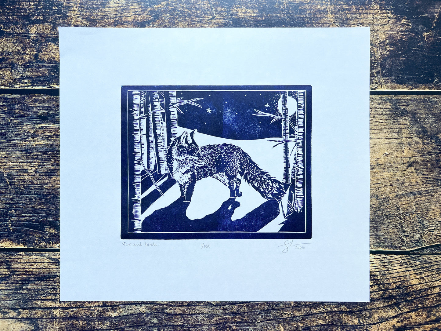 A photograph of a lino print in navy blue of a fox in among birch trees with long dramatic shadows
