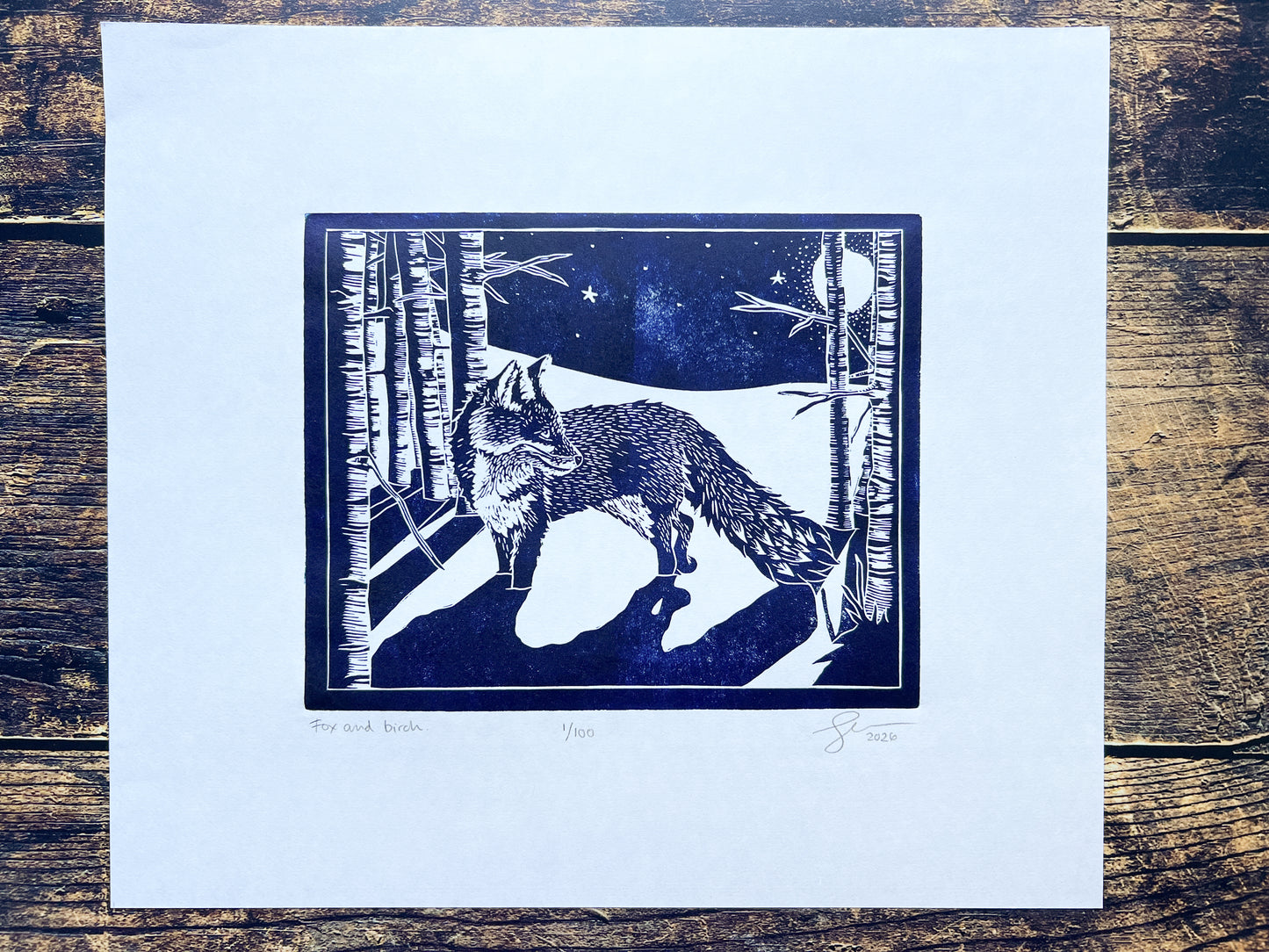 A photograph of a lino print in navy blue of a fox in among birch trees with long dramatic shadows