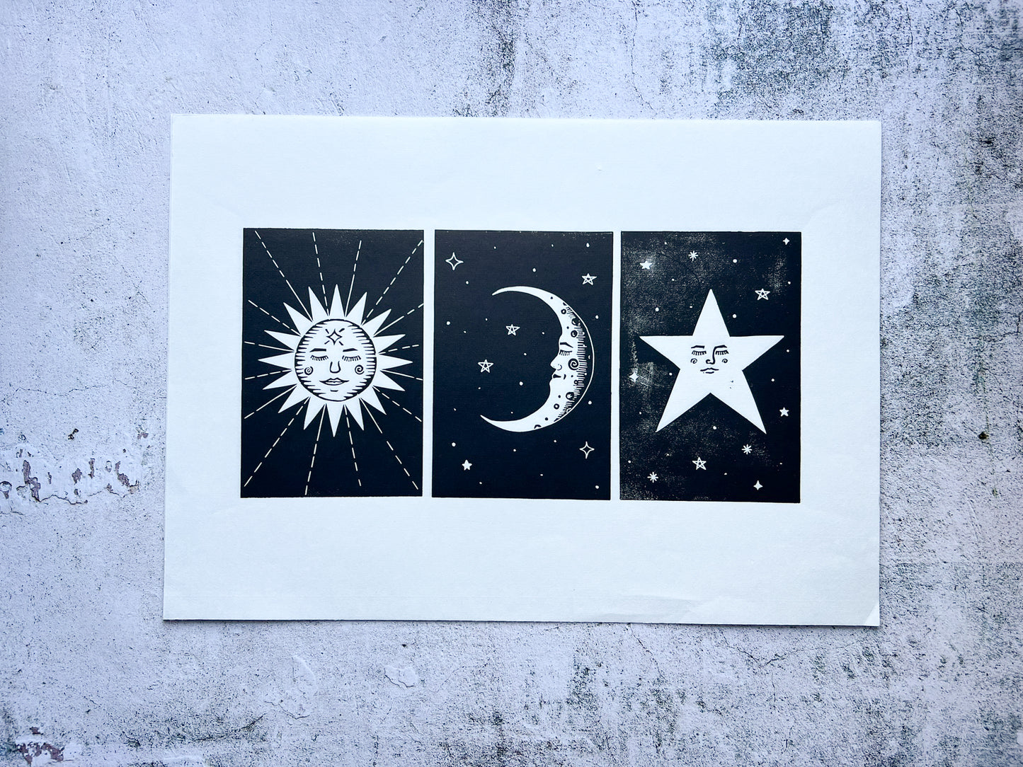 Sun moon star A3 lino print - SALE