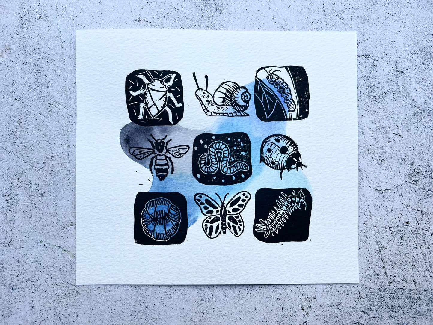 Insect mixed media lino print - SALE
