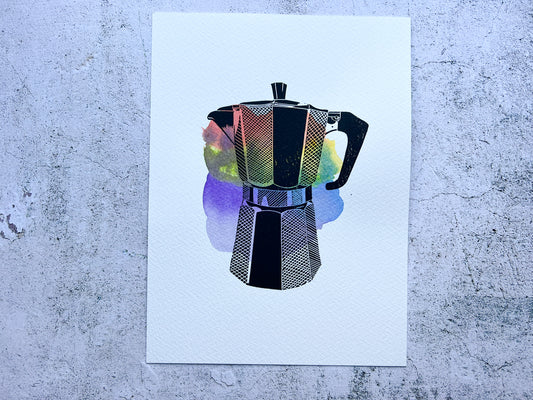 Coffee moka pot mixed media lino print - rainbow - SALE