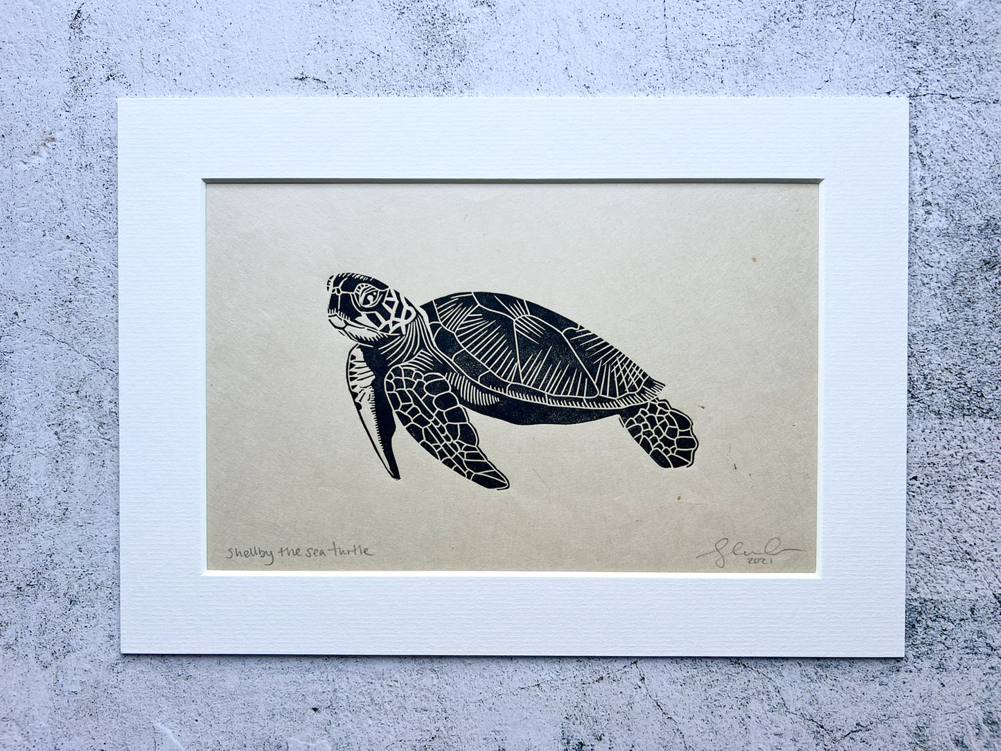 Sea turtle lino print on Japanese paper - SALE