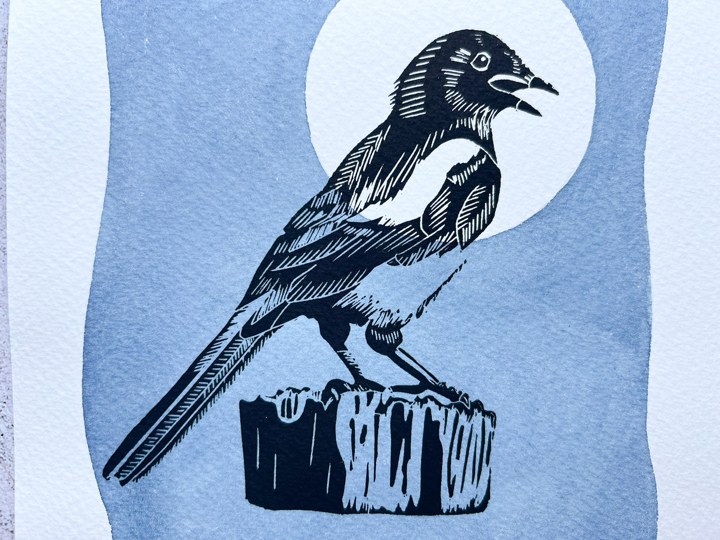 Magpie mixed media lino print - blue moon - SALE