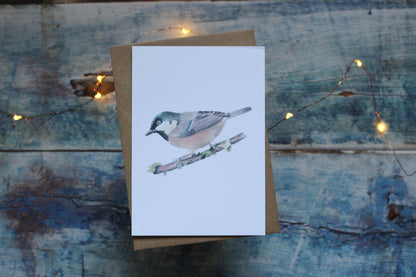 An A6 card and brown kraft envelope featuring a coal tit