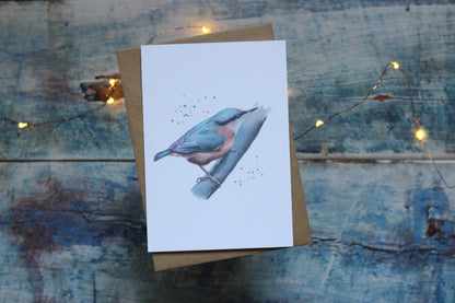 An A6 card and brown kraft envelope featuring a nuthatch