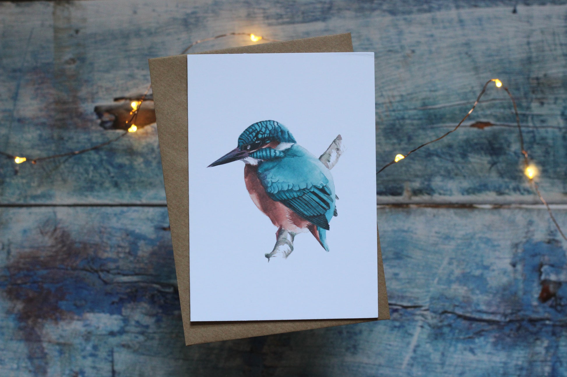 An A6 card and brown kraft envelope featuring a kingfisher