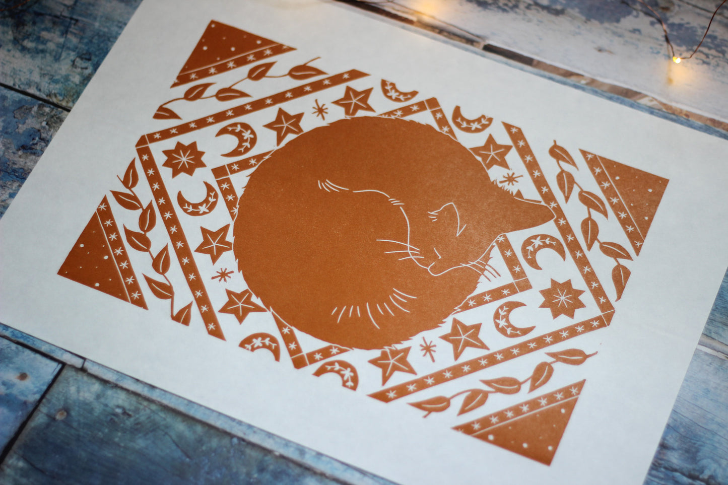 Ginger cat nap lino print