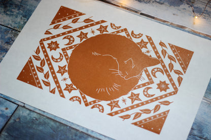Ginger cat nap lino print
