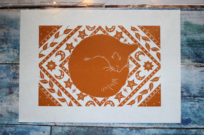 Ginger cat nap lino print