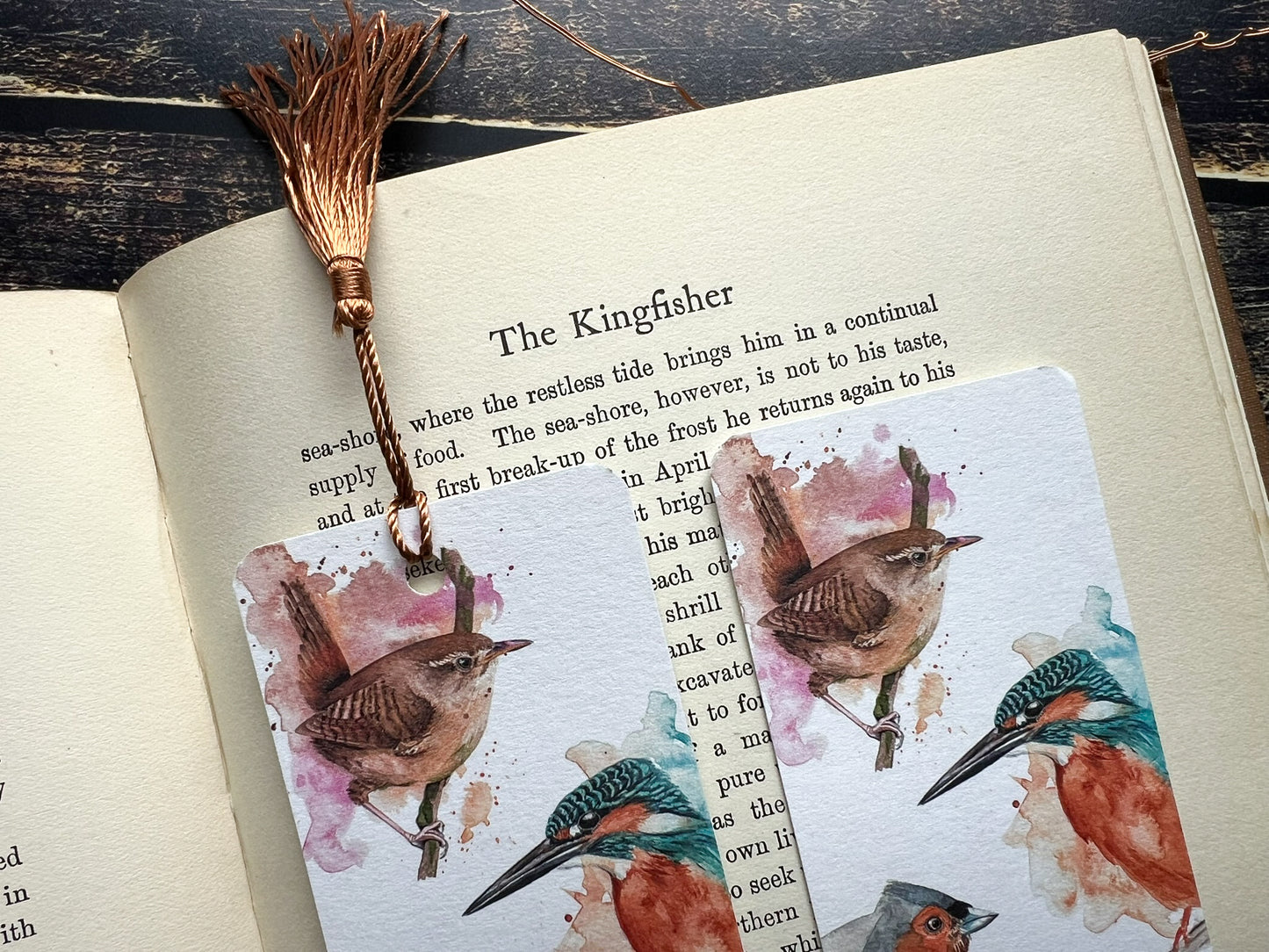 A photo of a bookmark of a collection of expressively painted birds, photographed on an open book