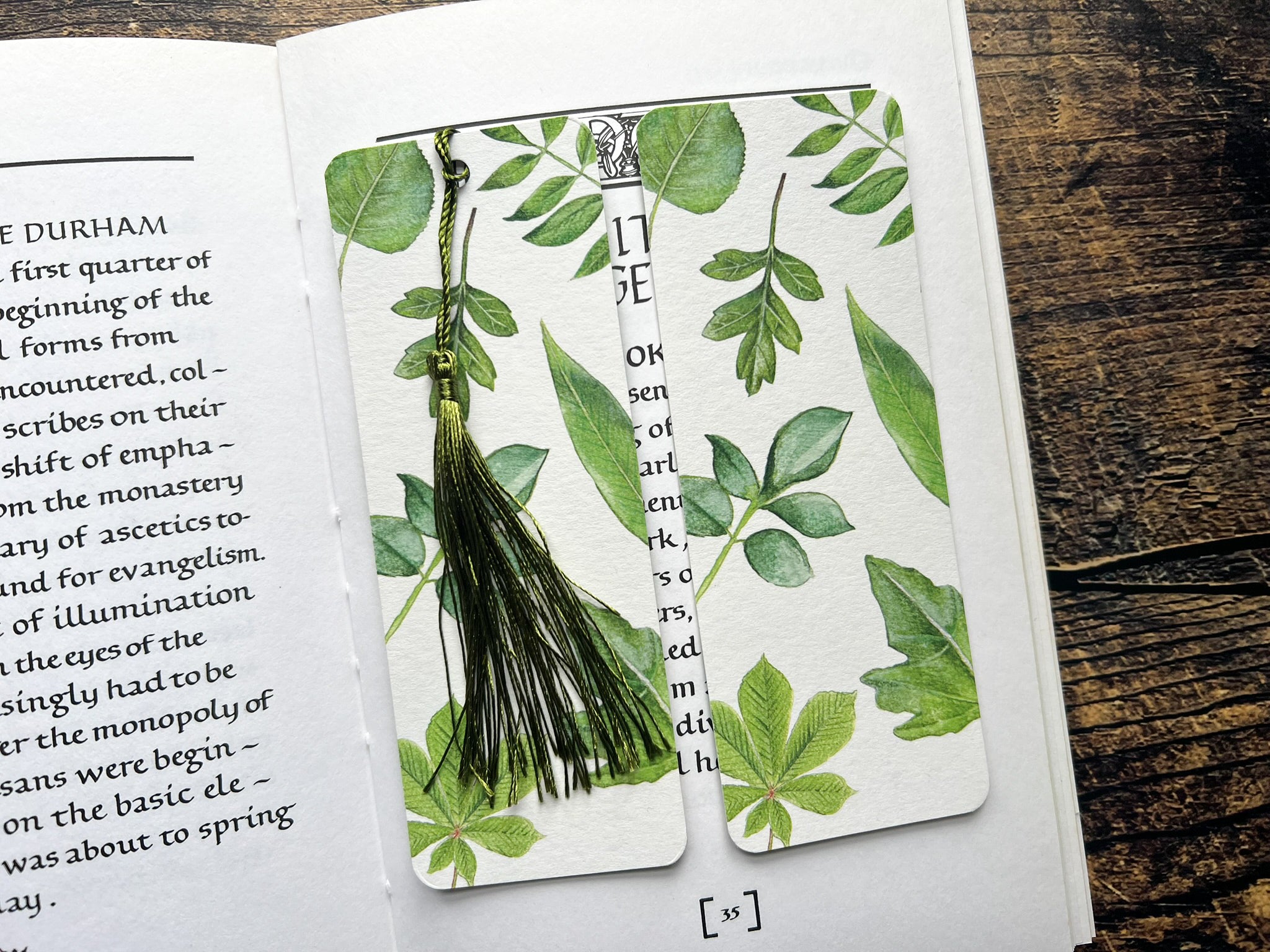 A photograph of a bookmark with British leaves on, photographed on an open book