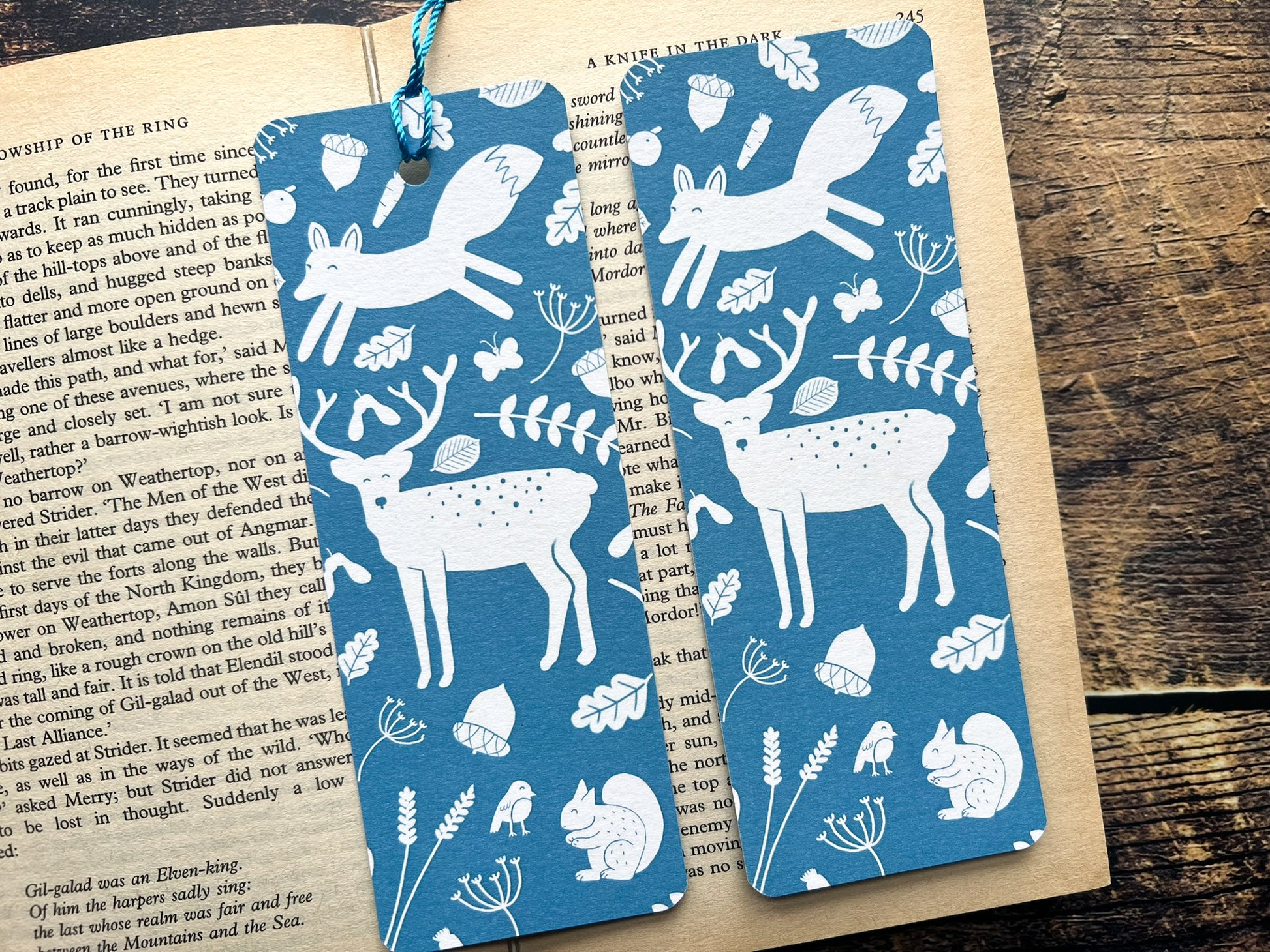 A blue bookmark with white woodland animals on, photographed on an open book