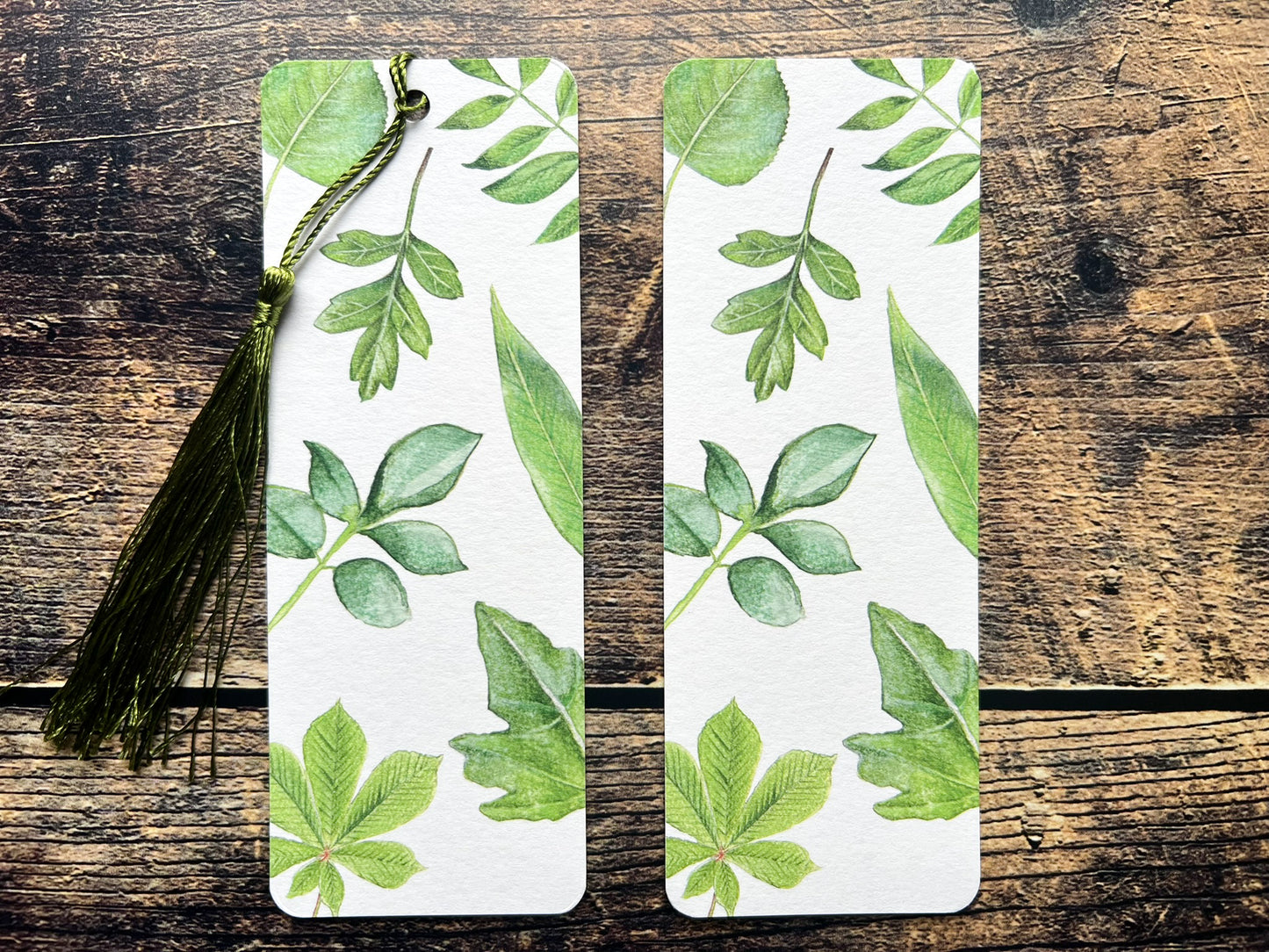 A photograph of a bookmark with British leaves on, photographed on an open book