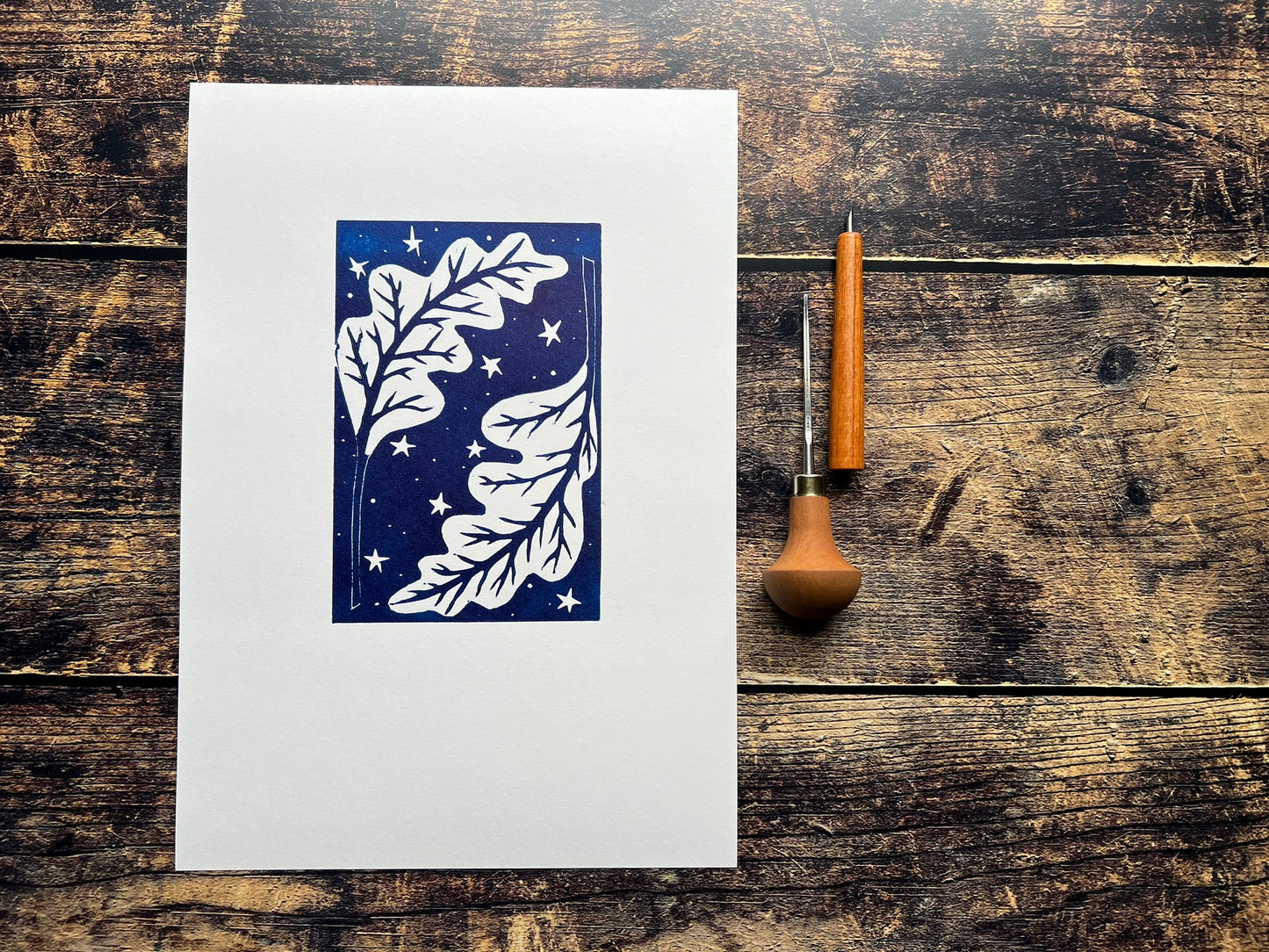 A photo of an A4 lino print of oak leaves surrounded by stars printed in phthalo blue (dark blue)